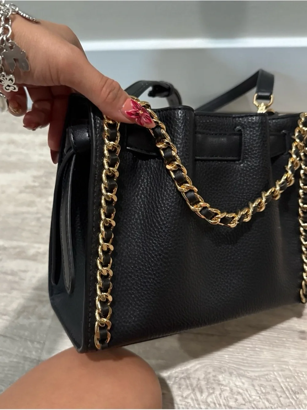 Michael Kors Black Leather Mini Chain Tote with Gold Hardware